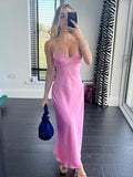Wjczt Pink Camis Satin Long Dresses Elegant Sleeveless Slip Holiday Party Dresses Sexy Casual Backless Summer Dresses Women 2023