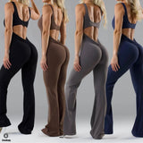 Wjczt 2024 S-XL Pad Women Gym Yoga Set Sports Rompers Deep V Back Fitness Workout Pant Flare Leggings One Piece Jumpsuit Active Wear