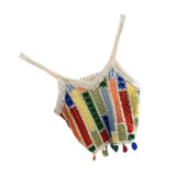 Wjczt Women Bohemian Crocheted Sleeveless V-Neck Camisole Summer Hollowed Knitted Colorful Tassels Thin Straps Crop Top