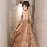Wjczt Champagne Evening Dresses Strapless Off Shoulder Ruffle Beading  Sequins Empire Tulle A-Line Woman Formal Party Prom Gowns 2024