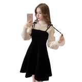 Wjczt Spring New Elegant Two Piece Dress for Women Women Winter Korean A-Line O-Neck Tops and Black Sundress Streetwear Dress Vestidos