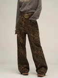 Wjczt Tan Leopard Jeans Women Denim Pants Female Oversize Wide Leg Trousers Streetwear Hip Hop Vintage Clothes Loose Casual