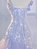 Wjczt Purple Sequin Mermaid Bride Formal Evening Party Dress 3D Floar Shoulder Tulle Princess Birthday Gown for Wedding Guest