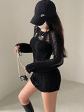 Wjczt Women Dark Goth Split Hole Knit Sweaters Black Gothic Lady Hollow Out Cool Pullover Sweater Autumn Sexy See Through Pull Jumpers