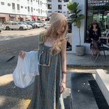 Wjczt 2024 New Arrival Summer Beach Style Women Loose Casual Plaid Print O-neck Sleeveless Mori Girl  Camisole Ankle-length Dress V906
