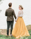 Wjczt Vestido de noiva Bohemian Fairy Light Yellow Wedding Dresses Chiffon Skirt Boho A Line Lace Florals Bridal Gowns