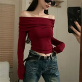 Wjczt Sexy Tops Off Shoulder Long Sleeve Crop Top Women's Autumn/Winter 2024 New Spicy Girl Slim Fit Short Red T-shirt