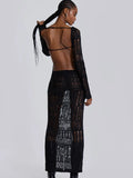 Wjczt Hollow Out Knitted Open Back Maxi Dresses Party Club Rave Festival Outfits Women Elegant Long Sleeve Sheer Dresses Summer Dress