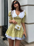 Wjczt Summer Printed Patchwork Mini Dress Female V-Neck Short Sleeve Slim Fashion Elegant Party Dress Gown For Women Dress 2024