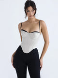 Wjczt Thick Satin Bustier Corset Crop Top with Chest Pads Spaghetti Strap White Bodycon Top Summer Women Tops with Fishbone
