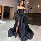 Wjczt Black Gorgeous Women's Evening Dresses A-Line Satin Sexy Side Slit Princess Prom Gown Fashion Celebrity Party Vestidos De Fiesta