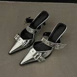 Wjczt Punk Goth Metal Buckle High Heels Women's Sandals Summer 2024 Pointed Toe Silver Party Shoes Fashion Womens Pumps Shoes Tacones