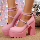 Wjczt Pink Chunky Heeled Ankle Strap Pumps Sweet Platform Square Heel Woman High Heels Pumps Platform Shoes 2024 Spring Woman Shoes