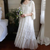 Wjczt - Fairy White Night Dress Women Sexy Lace Peignoir Long Sleeve Robe Dressing Gown Vintage Nightgown Princess Nightwear Sleepwear