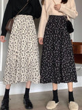 Wjczt - Vintage Floral Skirt Women High Waist A-line Mid-Calf Casual Skirt Korean Fashion Loose 2023 Spring Summer Female Outfit