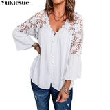 Wjczt Elegant  summer Top female lace blouse women shirts white Women's shirts and Blouses tops Long sleeve hollow out lwoman blouse