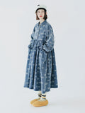 Wjczt Original Design Blue Print Lapel Long Sleeve Denim Dress Pocket Casual Loose Mid Length Dress Women's223792