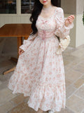 Wjczt 2024 Spring Pink Floral Elegant Dress Women Bandage Lace Print Sweet Vintage Dress Puff Sleeve Kawaii Dress Women Princess Fairy