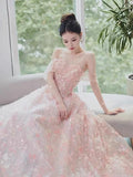 Wjczt Pink Elegant Evening Dresses Off the Shoulder Boat Neck A-line Applique Floral Fairy French High-end Formal Occasion Prom Gowns