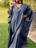 Wjczt Loose Fit Denim Imitation Dress Batwing Sleeve V Neck Plain Maxi Dresses Casual Solid Color Floor Length Vestidos