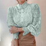 Wjczt Women's Elegant Embroidery Lace Blouses Flower Petal Sleeve Hollow Out Stand Collar Tunic Spring Solid White Shirt Top For Women