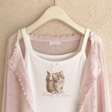 Wjczt Cute 2 Piece Tops Women Summer 2023 Cardigans and Crop Tops for Sweet Girls Floral Cat Print Kawaii Clothes