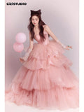 Wjczt Fairy Prom Dresses Sweetheart Sleeveless Cake Tiered Ruffle Quinceanera Pink Corset Lace-up Birthday Wedding Evening Gowns New