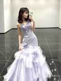 Wjczt Purple Sequin Mermaid Bride Formal Evening Party Dress 3D Floar Shoulder Tulle Princess Birthday Gown for Wedding Guest