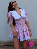 Wjczt Summer Printed Patchwork Mini Dress Female V-Neck Short Sleeve Slim Fashion Elegant Party Dress Gown For Women Dress 2024