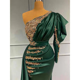 Wjczt Luxury Green Evening Dresses Dubai Arab Gold Applique Satin Formal Party Gownes  Mermaid Women's Robe With One Shoulder Sleeve