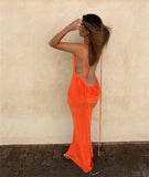 Wjczt Backless Maxi Dress Sexy Orange Spaghetti Strap Slim Dress For Women Long Club Party Beach Dress Summer Blue Outfits New
