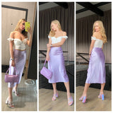 Wjczt  Solid Purple Satin Silk Skirt Women High Waisted Summer Long Skirt New Elegant Ladies Office Skirts Midi Spring