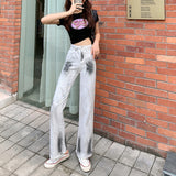Wjczt 2022 Spring Autumn Ins Street Hip-hop Printing Wash Women Jeans Loose Casual Denim Wide Leg Pants Tide Woman Trouser  Size