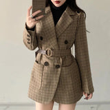 Wjczt Vintage Houndstooth Jacket Blazer Women Plaid Lady Suit Jacket with Belt Long Sleeve Female Tailored Coat Street Wear New