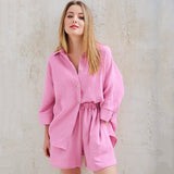 Wjczt Cotton Pajamas For Women Sets Suit Casual Sleepwear Turn-Down Collar Nine Quarter Sleeve Sleep Tops Shorts Female Homewear