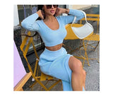 Wjczt Women Skirt and Cropped Set Sexy Long Sleeve O Neck Knitted Crop Slim Sweater with Split Long Skirt Elegant Spring 2 Pieces Set