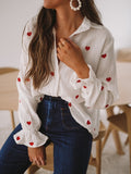 Wjczt Blouses Woman Fashion Elegant Summer Button-Down Shirt Women Long Puff Sleeve Red Print White Tops Ladies
