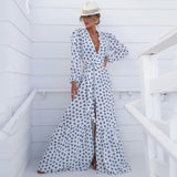 Wjczt Beach Dress Summer Print Swimwear Women Sexy Cover Up Solid Long Tunic Bubble Sleeve Swimsuit With Belt Bathing Suit
