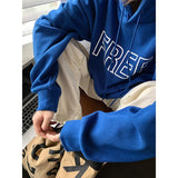 Wjczt Women's Blue Hoodie Sweatshirt Long Sleeve Korean Fashion Baggy Plus Fluff Letter Printing Casual Female Tops Pullover Hoodie