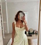 Wjczt Summer Spring Floral Dress Women's Sexy Casual Fashion Sundress Midi Slip Backless Pleated Slit White Yellow Lace-up Flowers