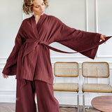 Wjczt Kimono Pajamas New 100% Cotton Crepe Long-Sleeved Trousers Ladies Sleepwear Suit Women's Home Service Mujer