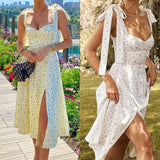 Wjczt Summer Spring Floral Dress Women's Sexy Casual Fashion Sundress Midi Slip Backless Pleated Slit White Yellow Lace-up Flowers