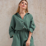 Wjczt Cotton Pajamas For Women Sets Suit Casual Sleepwear Turn-Down Collar Nine Quarter Sleeve Sleep Tops Shorts Female Homewear