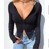 Wjczt Women T-shirt Spring Autumn Clothes Ribbed Knitted Long Sleeve Crop Tops Zipper Design Tee Sexy Female Slim Black White Tops