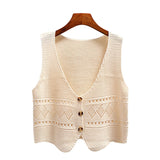 Wjczt 2024 Korean Fashion V Neck Loose Sleeveless Sweater Vest Women Knitted Hollow Out Single Breasted Short Cardigan Female Kniwear