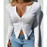 Wjczt Women T-shirt Spring Autumn Clothes Ribbed Knitted Long Sleeve Crop Tops Zipper Design Tee Sexy Female Slim Black White Tops
