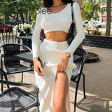 Wjczt Women Skirt and Cropped Set Sexy Long Sleeve O Neck Knitted Crop Slim Sweater with Split Long Skirt Elegant Spring 2 Pieces Set