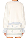 Wjczt Sweet Women Autumn White Blue Flower Knitted Flare Sleeve Cardigan High Waist Front Slit Wave Hem  Mini Skirt Matching Set
