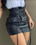 Wjczt Lace-up High Waist PU Leather Mini Skirt Nightclub Sexy Personality Europe and America Fashion Women's Clothing