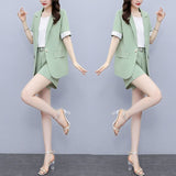 Wjczt 2022 Korean Style Summer New Elegant Women's Shorts Suit Short Sleeve Blazer Belt Decorative Shorts White Vest Three Piece Set